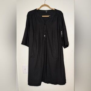 Black Linen Half Button-Up Tunic Dress